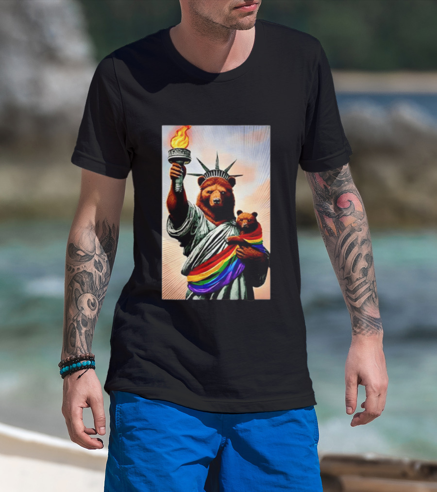 Bear Statues Liberty Rainbow Pride Torch T-Shirt