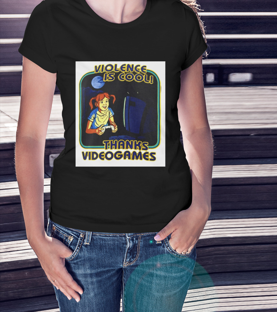Violence Is Cool Thanks Videogames Retro Gamer Girl Controller Moon T-Shirt