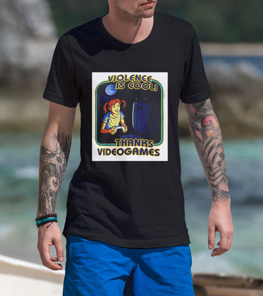 Violence Is Cool Thanks Videogames Retro Gamer Girl Controller Moon T-Shirt
