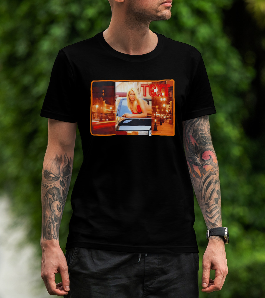 Blonde Woman In Red Bikini Leaning On Car At Night With Neon City Lights T-Shirt