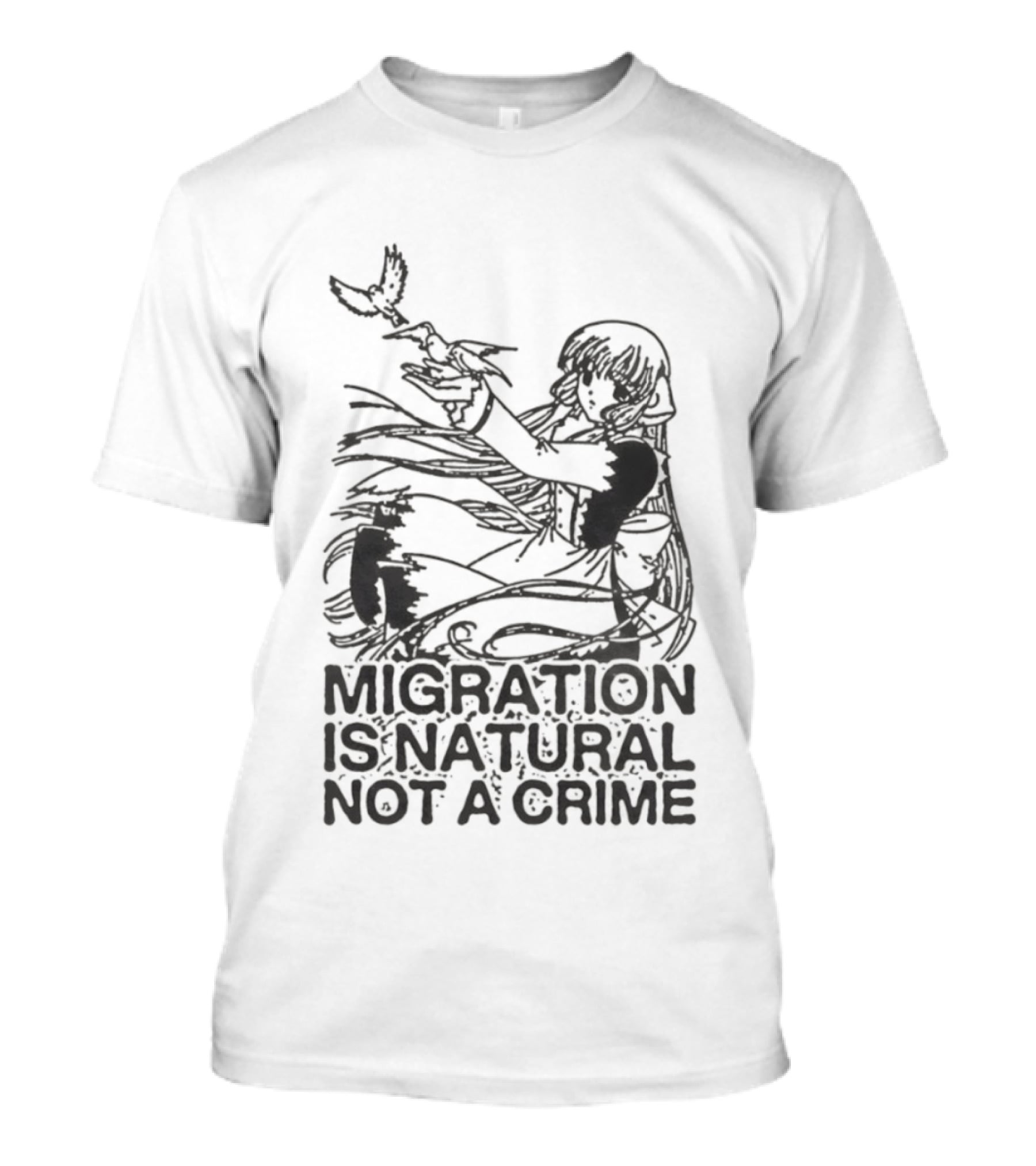 Anime Girl Releasing Birds Migration Is Natural Not A Crime T-Shirt