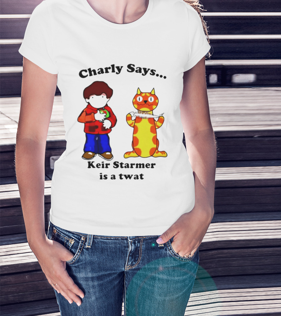 Charly Says Keir Starmer Is A Twat Comic Retro Style Cat And Kid T-Shirt