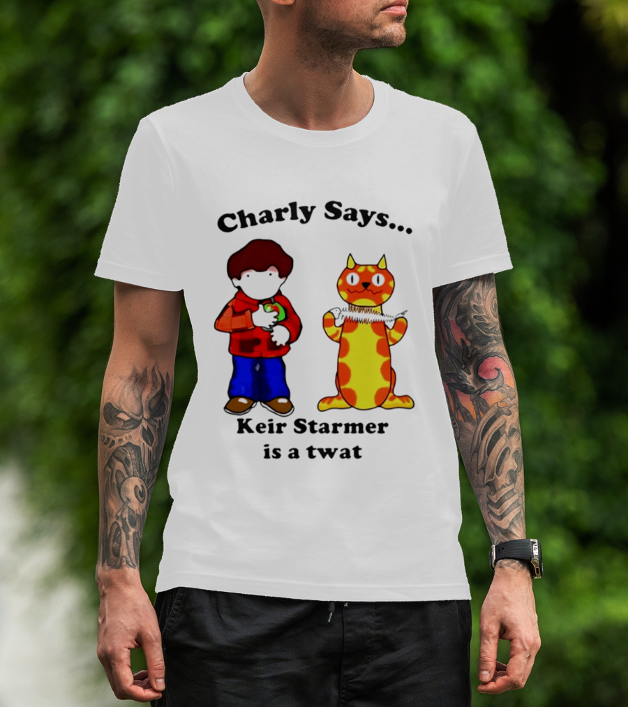 Charly Says Keir Starmer Is A Twat Comic Retro Style Cat And Kid T-Shirt