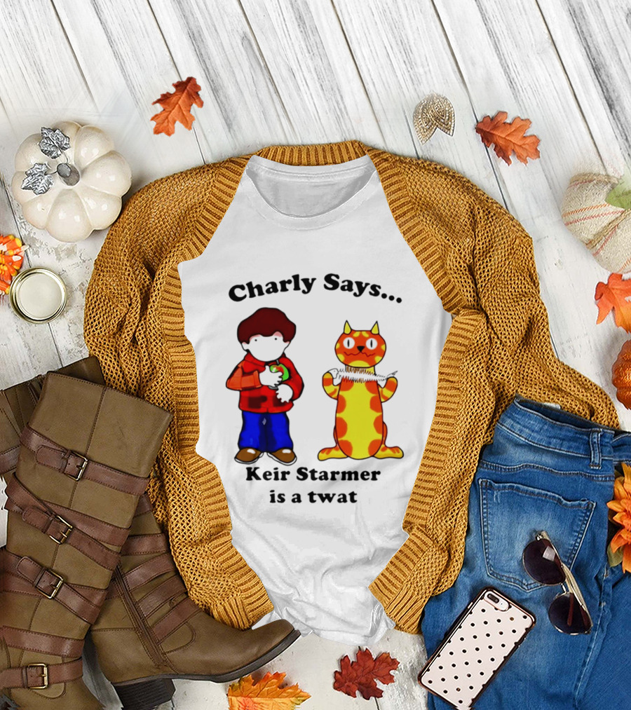 Charly Says Keir Starmer Is A Twat Comic Retro Style Cat And Kid T-Shirt