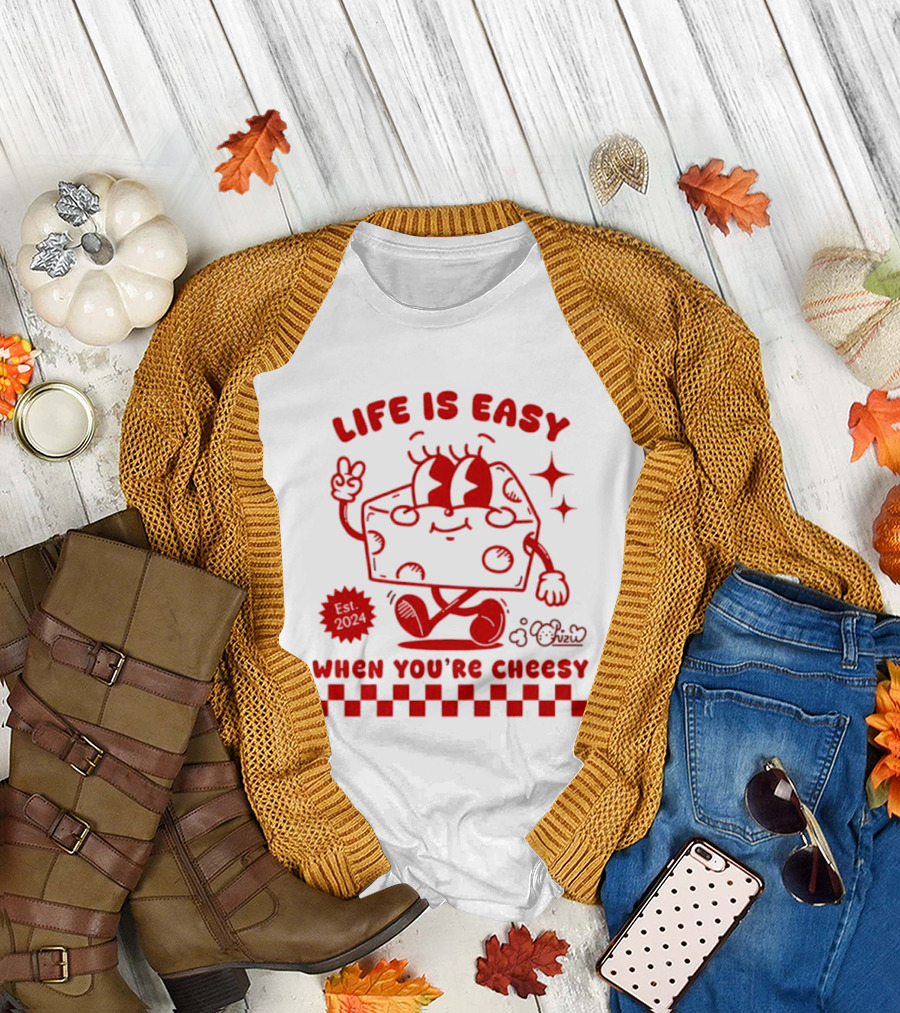 Life Is Easy When You're Cheesy Cartoon Cheese Character With Peace Sign And Stars T-Shirt