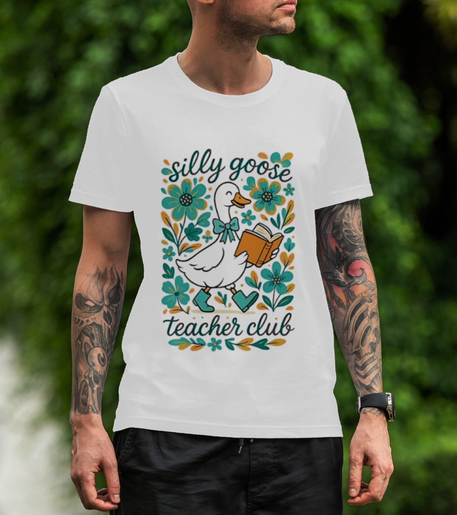 Silly Goose Teacher Club Reading Goose With Flowers And Rain Boots T-Shirt