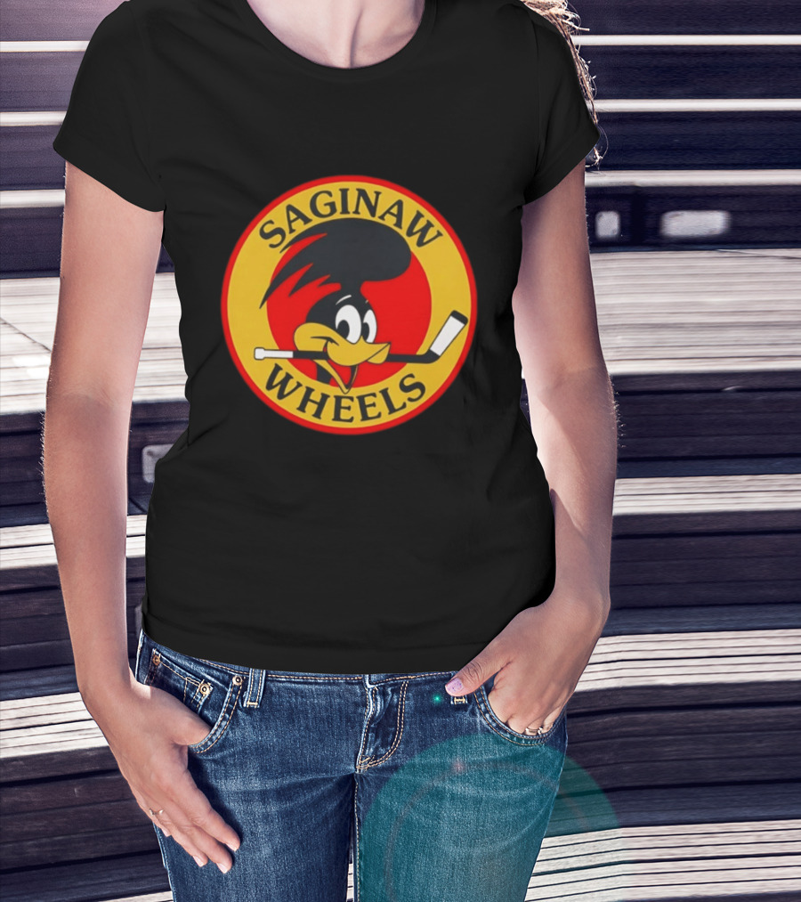 Saginaw Wheels Hockey Cartoon Character With Hockey Stick T-Shirt