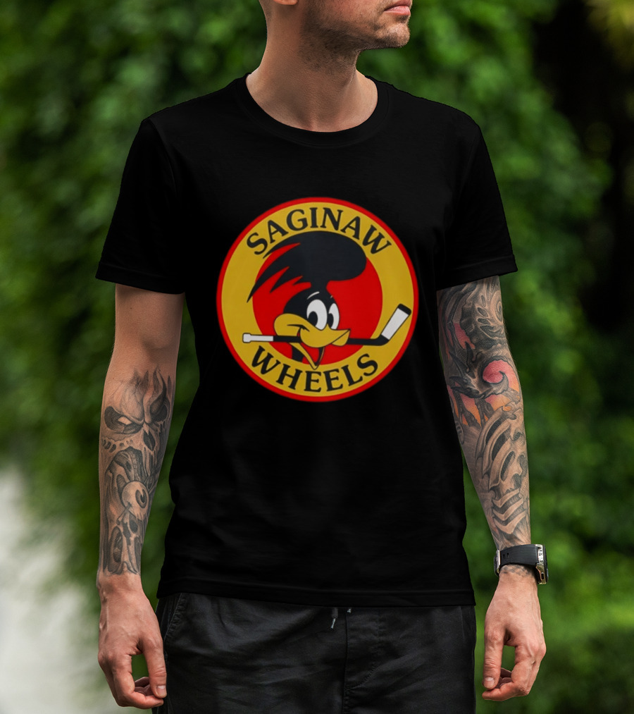 Saginaw Wheels Hockey Cartoon Character With Hockey Stick T-Shirt