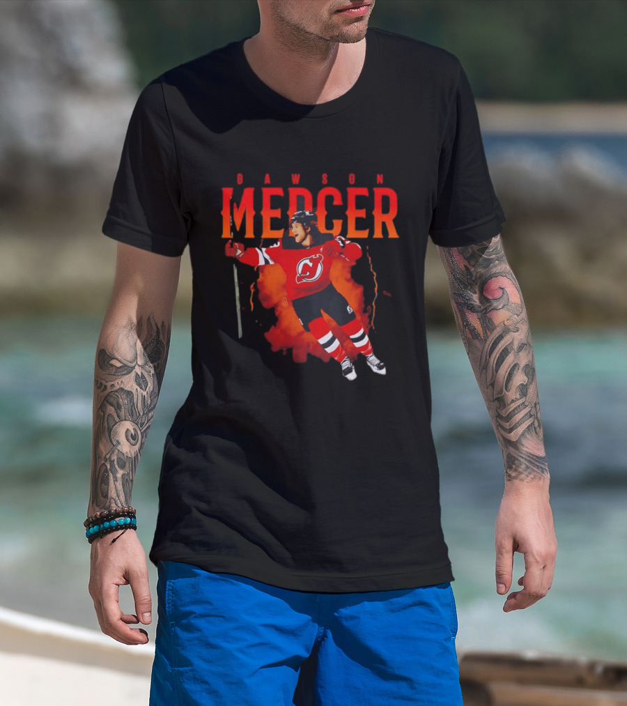 Dawson Mercer New Jersey Devils Celebration Hockey Player Image T-Shirt