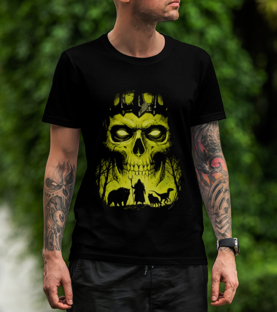 Lych Vs Druid Fantasy Dark Necromancer Skull T-Shirt
