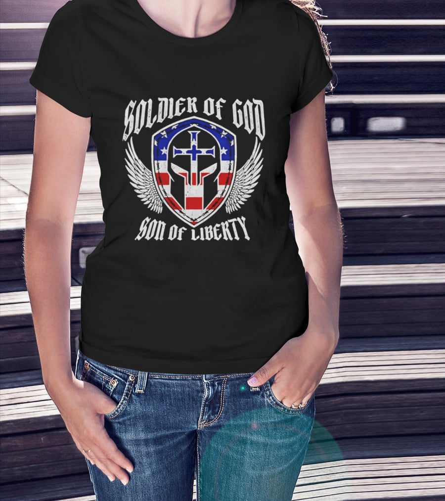 Soldier Of God Son Of Liberty American Flag Cross Wings T-Shirt