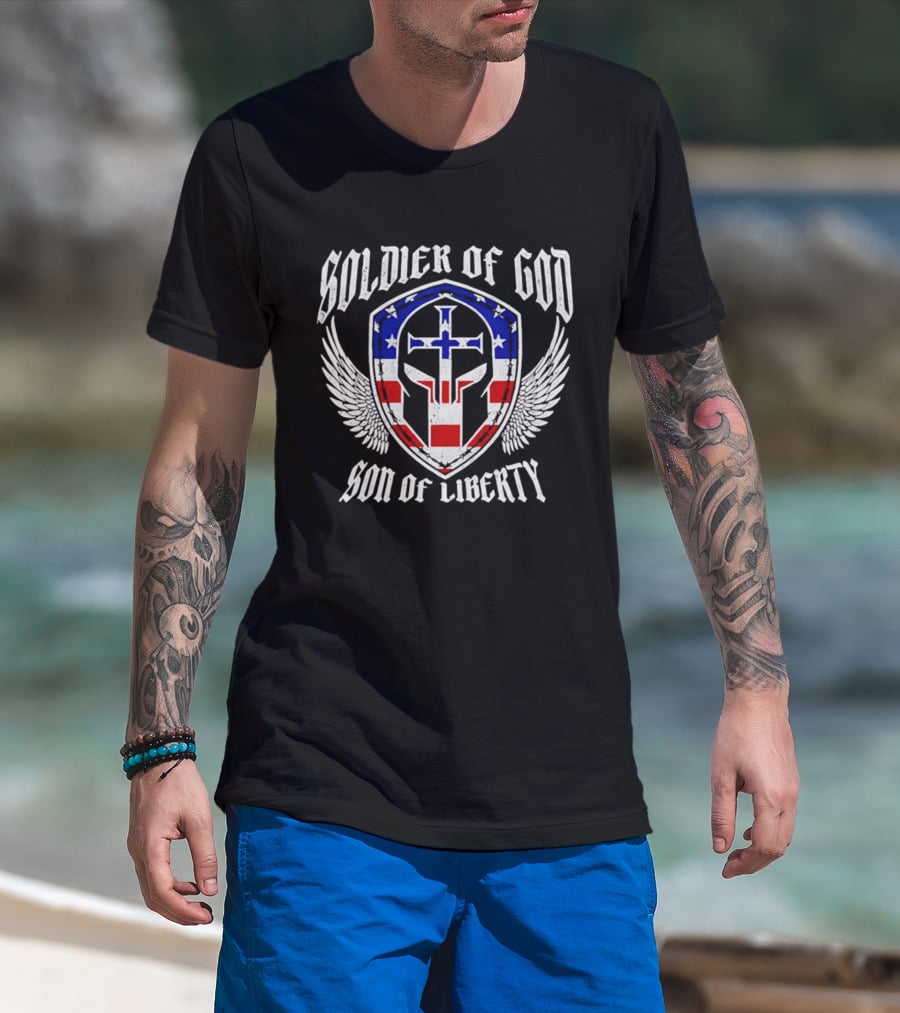 Soldier Of God Son Of Liberty American Flag Cross Wings T-Shirt