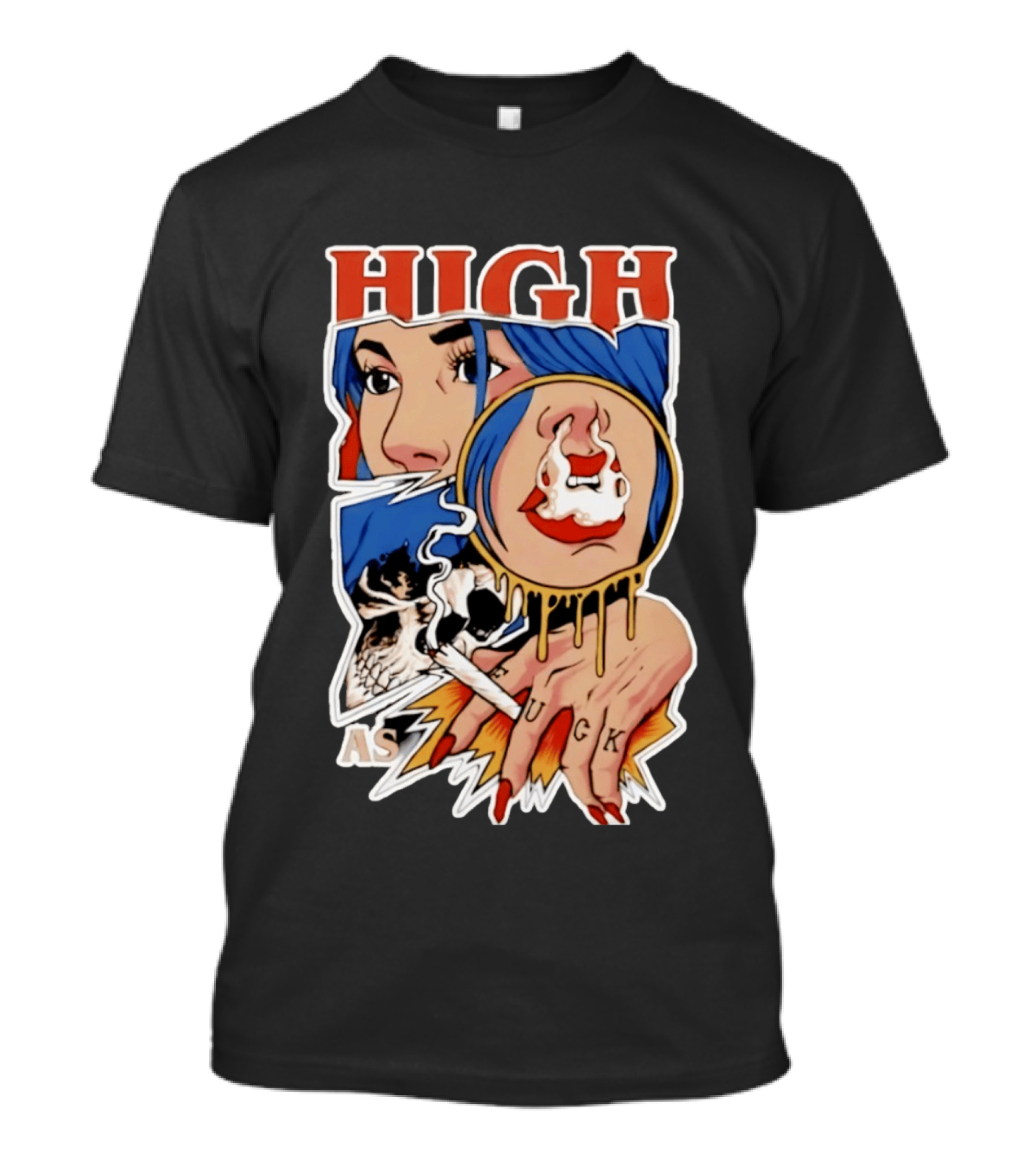 High As Fuck Smoking Skull Woman With Blue Hair And Tattooed Hand T-Shirt