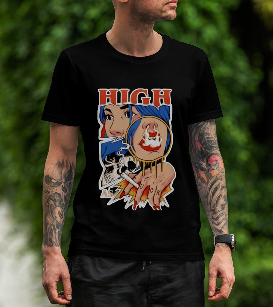 High As Fuck Smoking Skull Woman With Blue Hair And Tattooed Hand T-Shirt