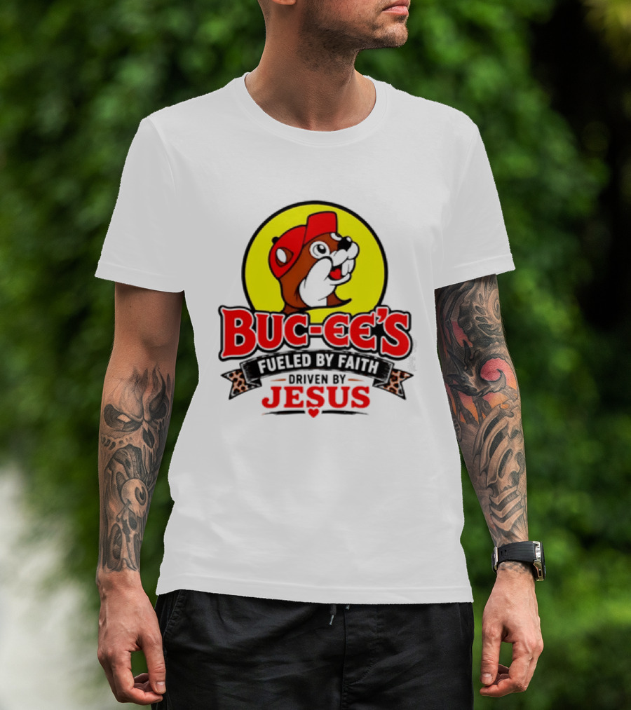 Buc Ee's Fueled By Faith Driven By Jesus Yellow Circle Red Cap T-Shirt