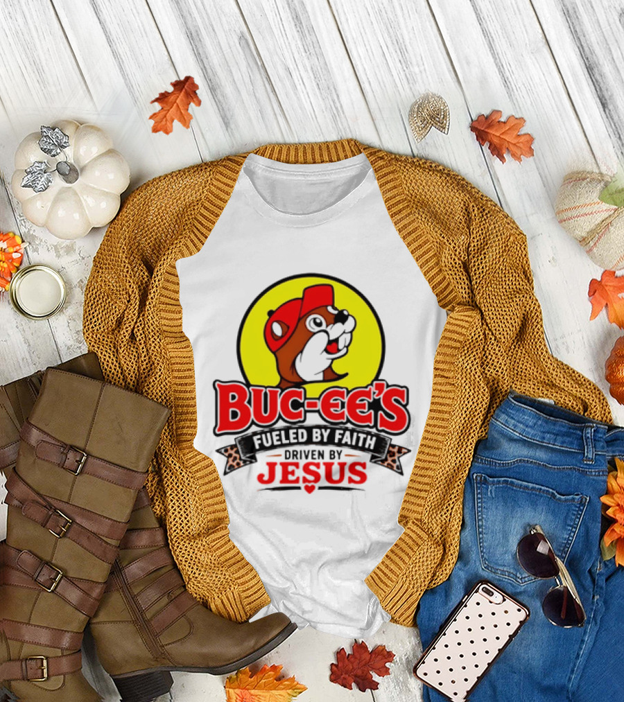 Buc ee's Fueled by Faith Driven by Jesus Yellow Circle Red Cap T-Shirt