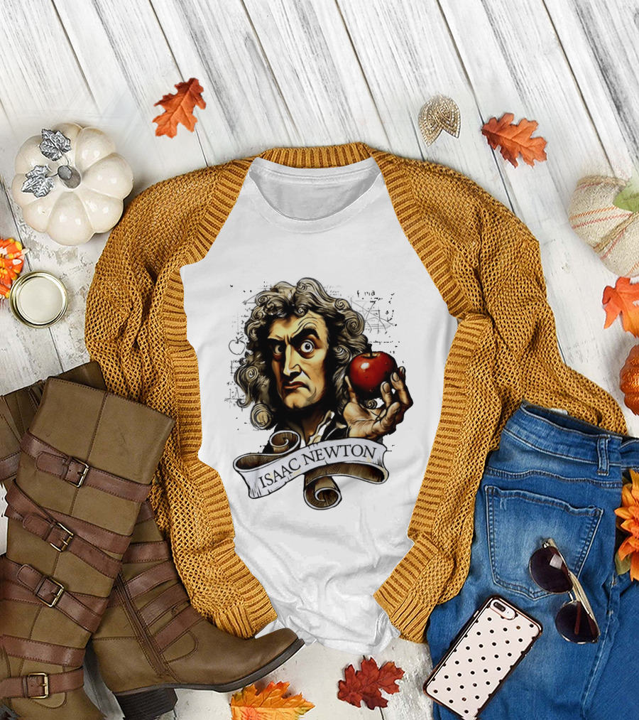 Isaac Newton Scientist with Apple Gravity Physics T-Shirt