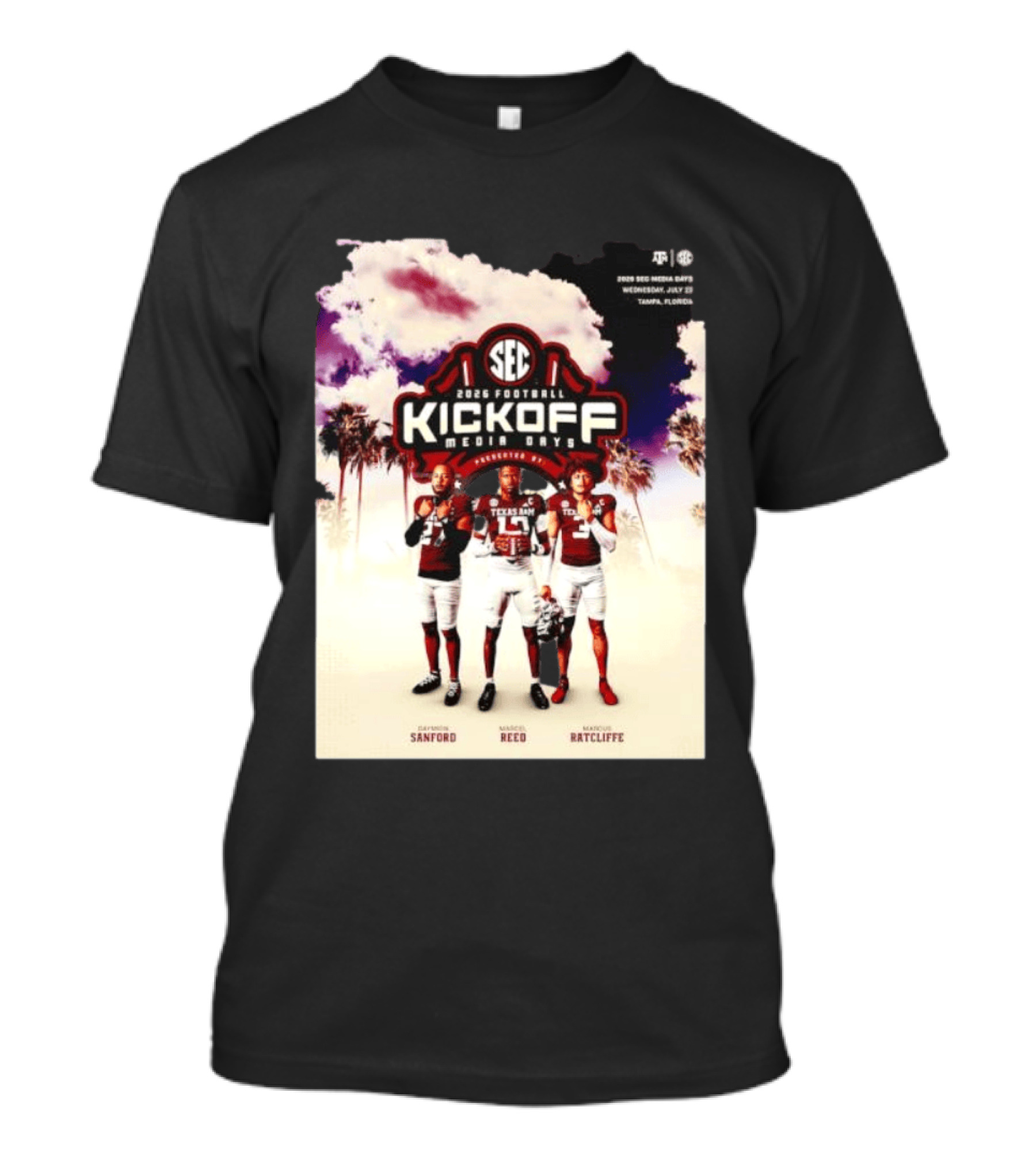 2026 Football SEC Kickoff Media Days Texas A&M Daymion Sanford Marcel Reed Marcus Ratcliffe T-Shirt