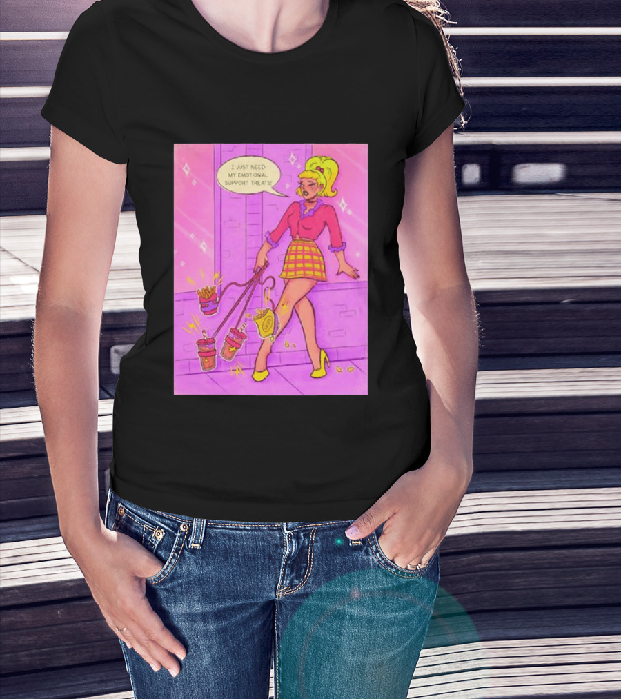 I Just Need My Emotional Support Treats Comic Style Girl With Drinks And Fries T-Shirt
