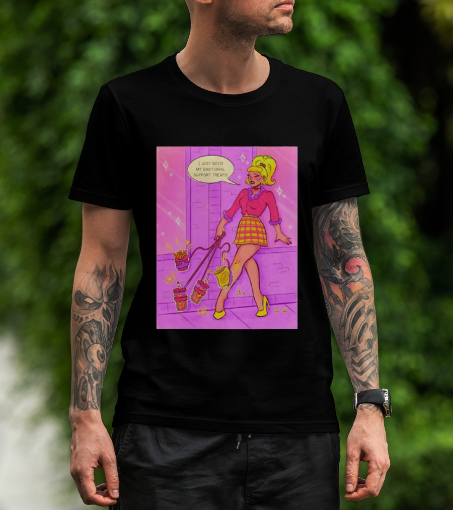 I Just Need My Emotional Support Treats Comic Style Girl With Drinks And Fries T-Shirt