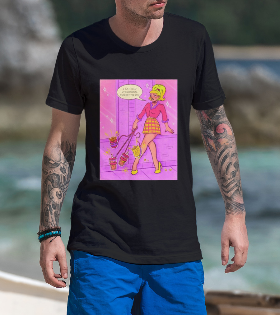 I Just Need My Emotional Support Treats Comic Style Girl With Drinks And Fries T-Shirt