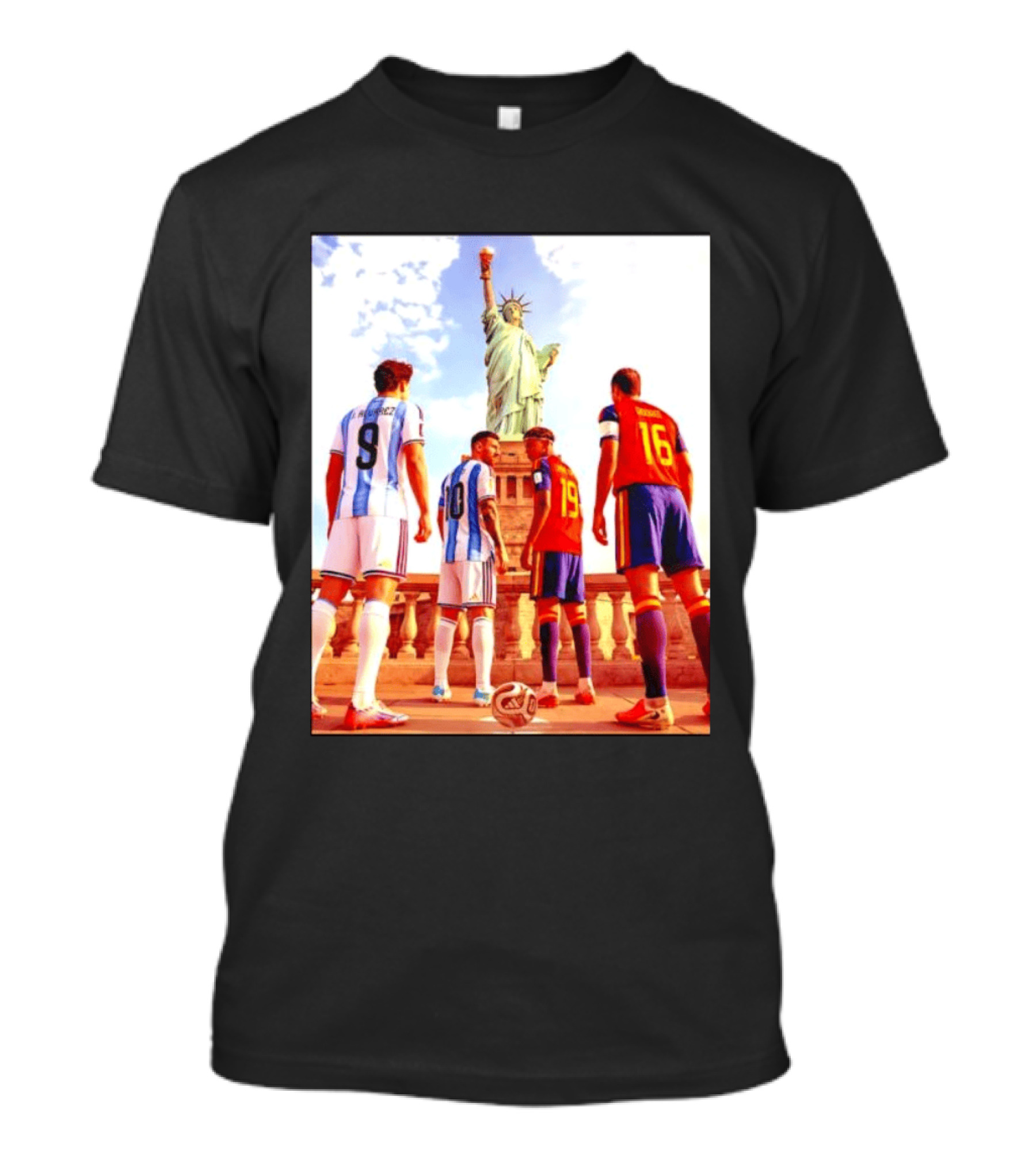 Lionel Messi J Alvarez Lamine Yamal Rodrigo Football Statue Of Liberty Argentina Spain Soccer T-Shirt