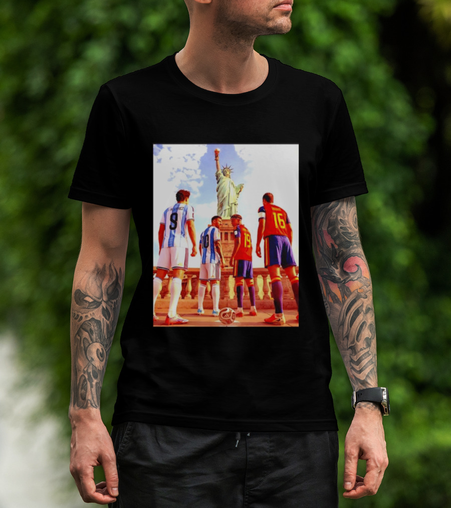 Lionel Messi J Alvarez Lamine Yamal Rodrigo Football Statue Of Liberty Argentina Spain Soccer T-Shirt