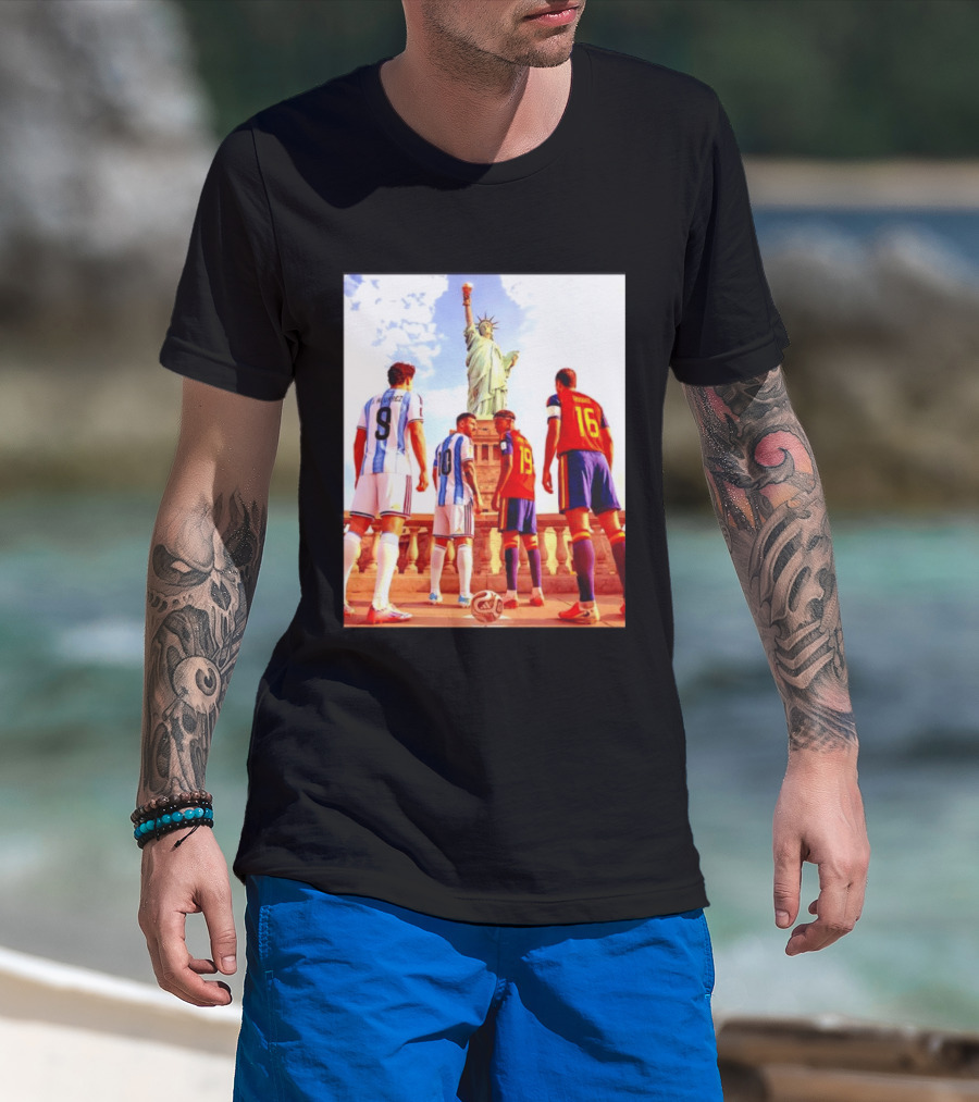 Lionel Messi J Alvarez Lamine Yamal Rodrigo Football Statue Of Liberty Argentina Spain Soccer T-Shirt