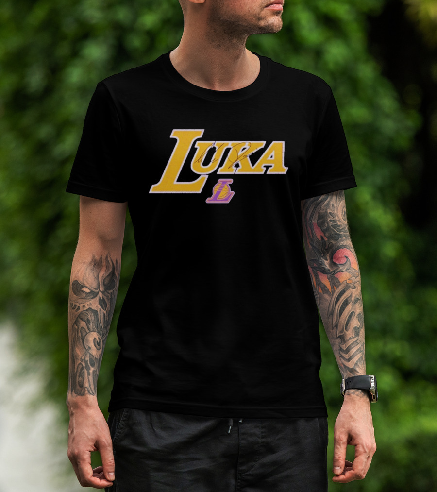 Luka Doncic Autograph Lakers Font Style With Los Angeles Basketball T-Shirt