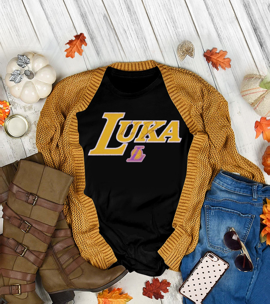 Luka Doncic Autograph Lakers Font Style With Los Angeles Basketball T-Shirt