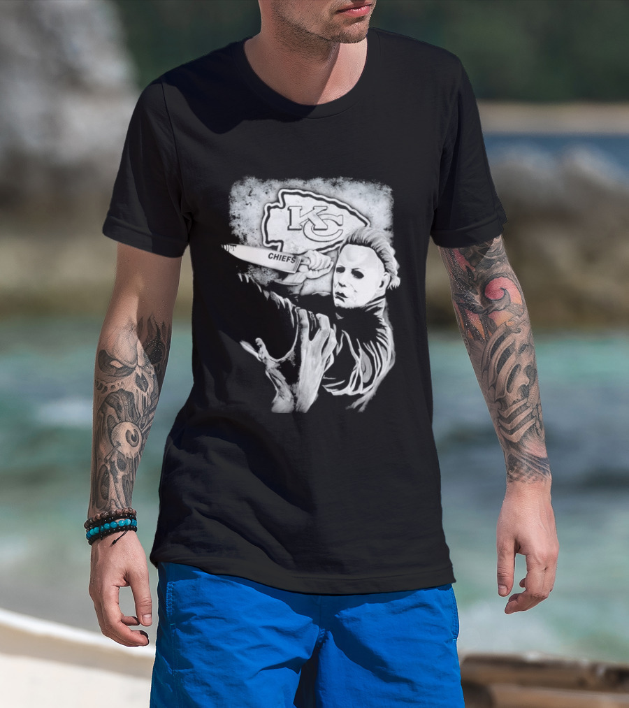Michael Myers Holding Knife With KC Chiefs T-Shirt