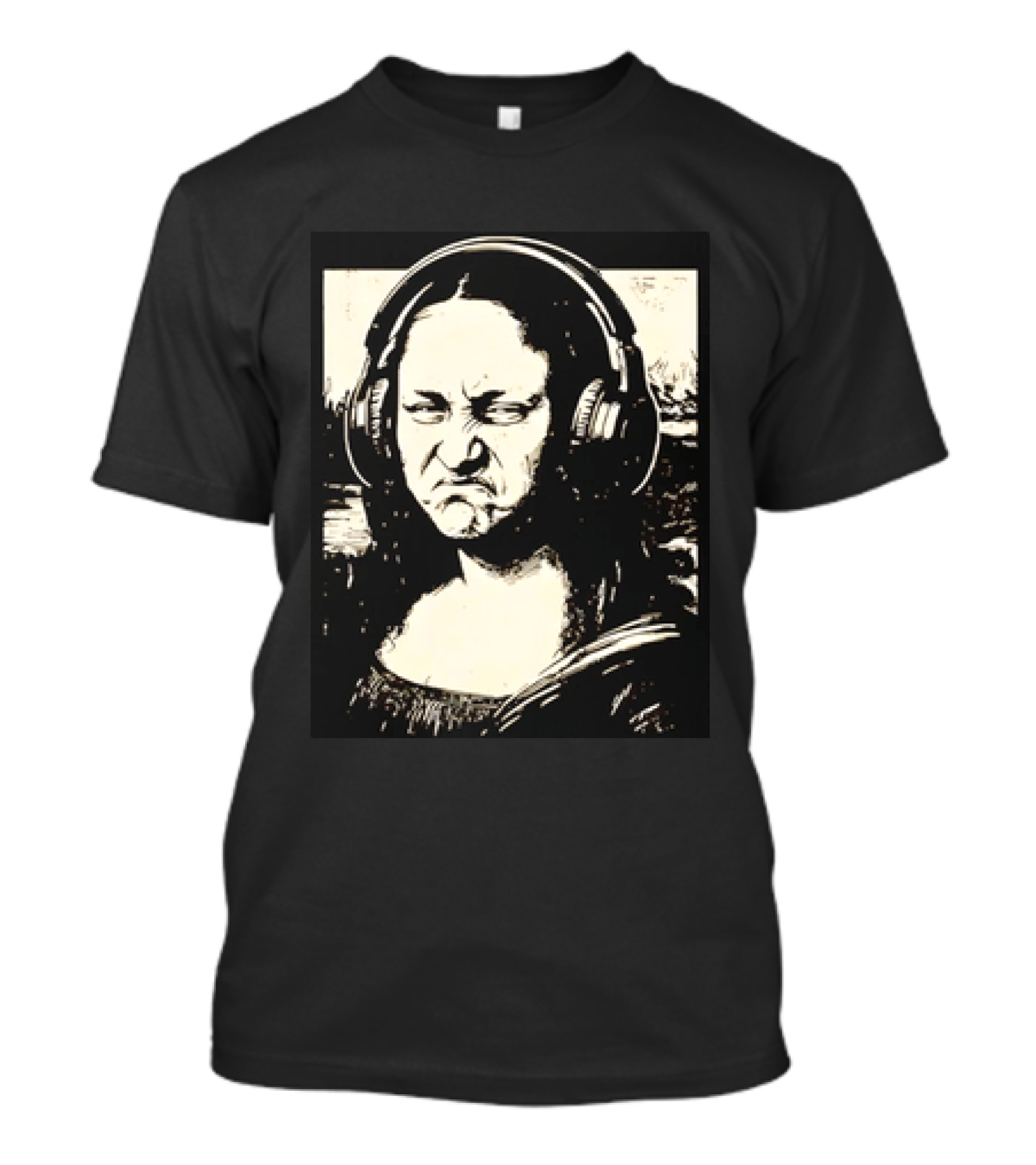 Mona Lisa Headphones Grumpy Expression Fusion T-Shirt