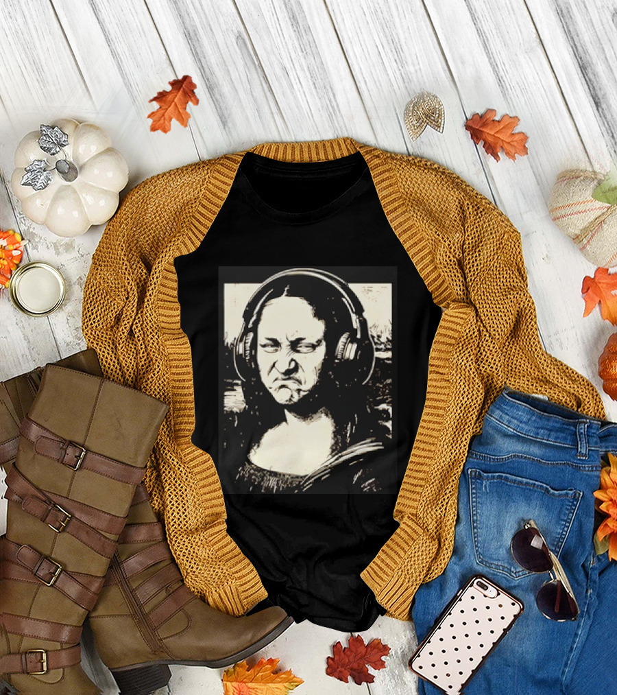 Mona Lisa Headphones Grumpy Expression Fusion T-Shirt