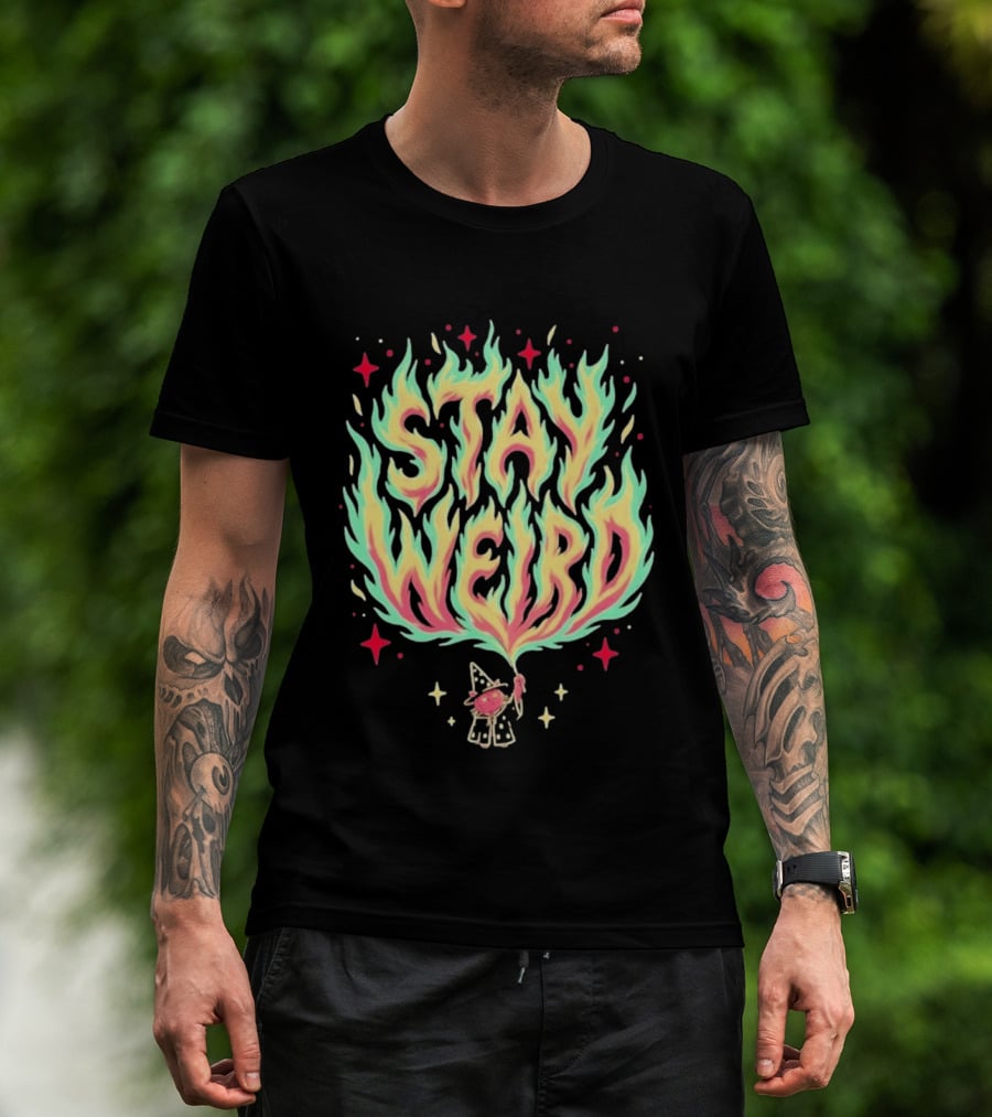 Stay Weird Magic Flames Wizard Cat Stars Cosmic T-Shirt