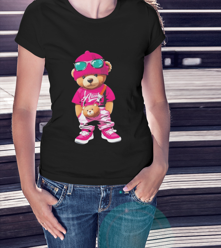 Ailan Teddy Bear Stylish Streetwear Outfit Pink Beanie Sunglasses And Bear Bag T-Shirt