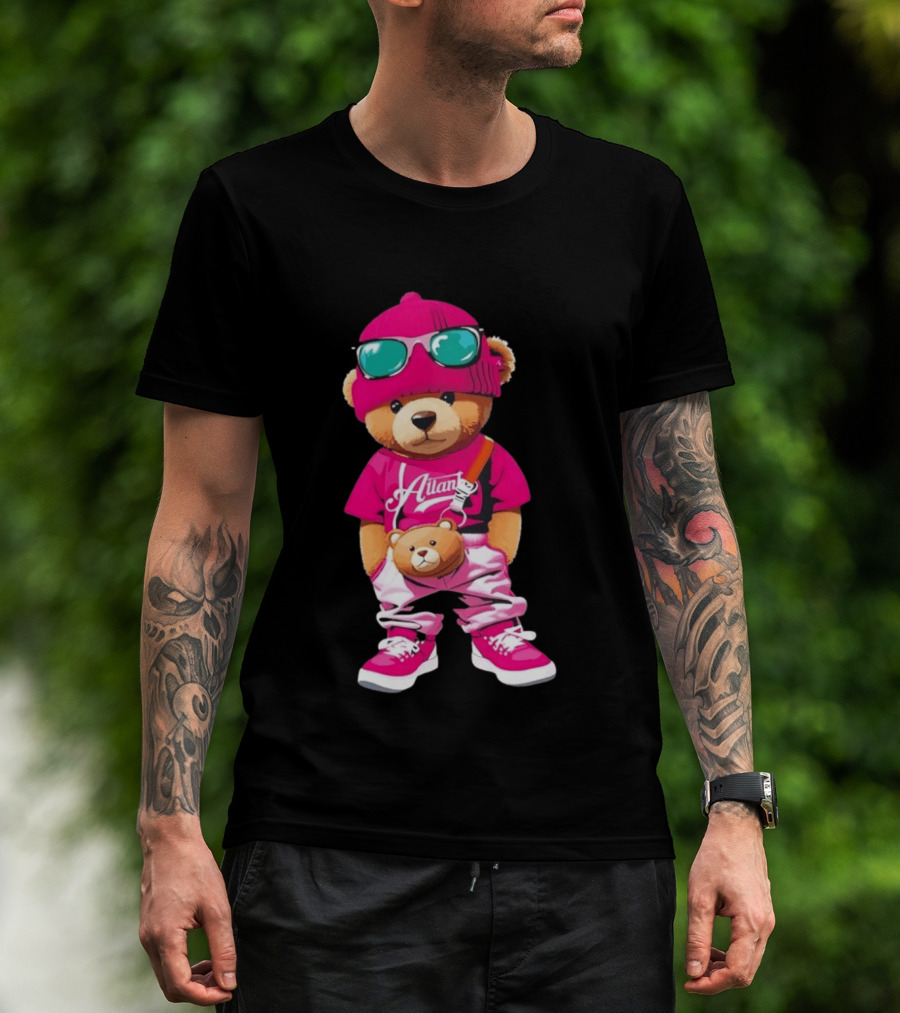 Ailan Teddy Bear Stylish Streetwear Outfit Pink Beanie Sunglasses And Bear Bag T-Shirt