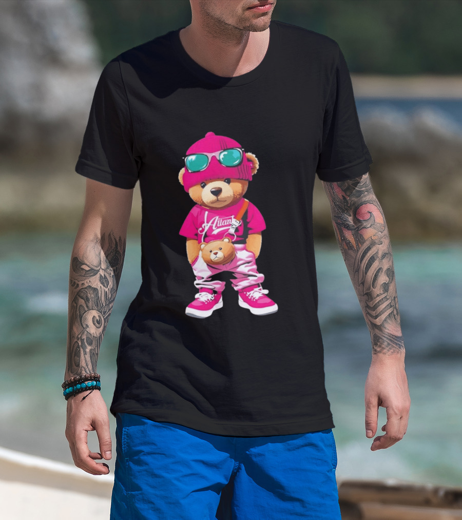 Ailan Teddy Bear Stylish Streetwear Outfit Pink Beanie Sunglasses And Bear Bag T-Shirt