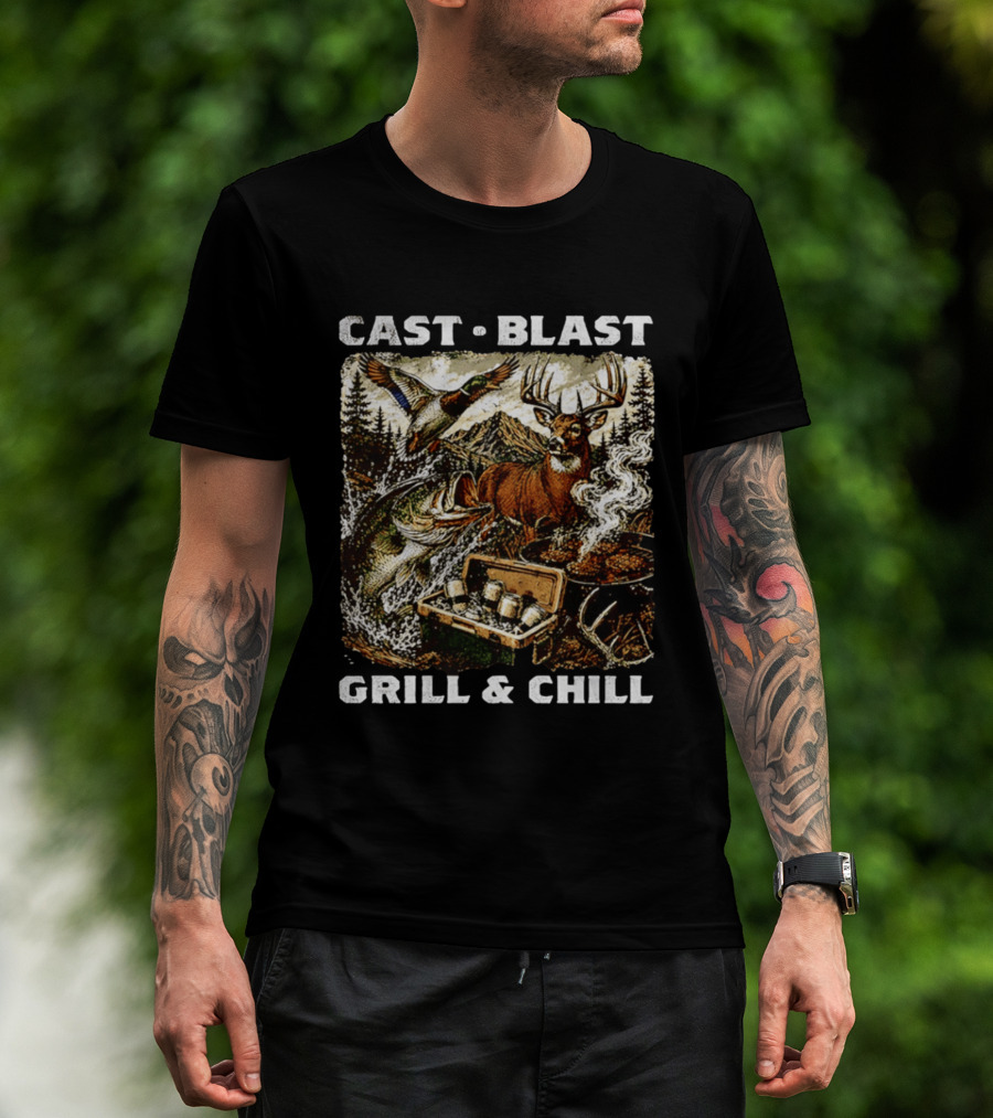 Cast Blast Grill & Chill Deer Fish Camping Scene T-Shirt