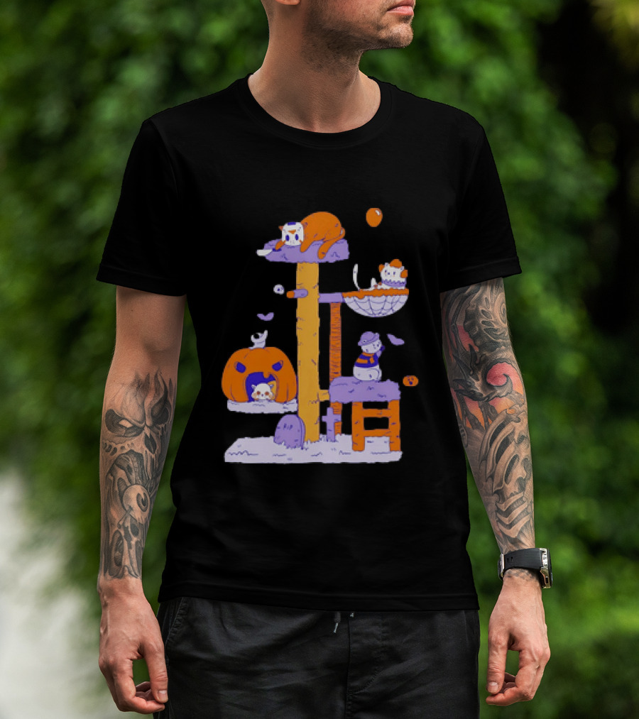 Cat Horror Pumpkin Tree Halloween Cats T-Shirt