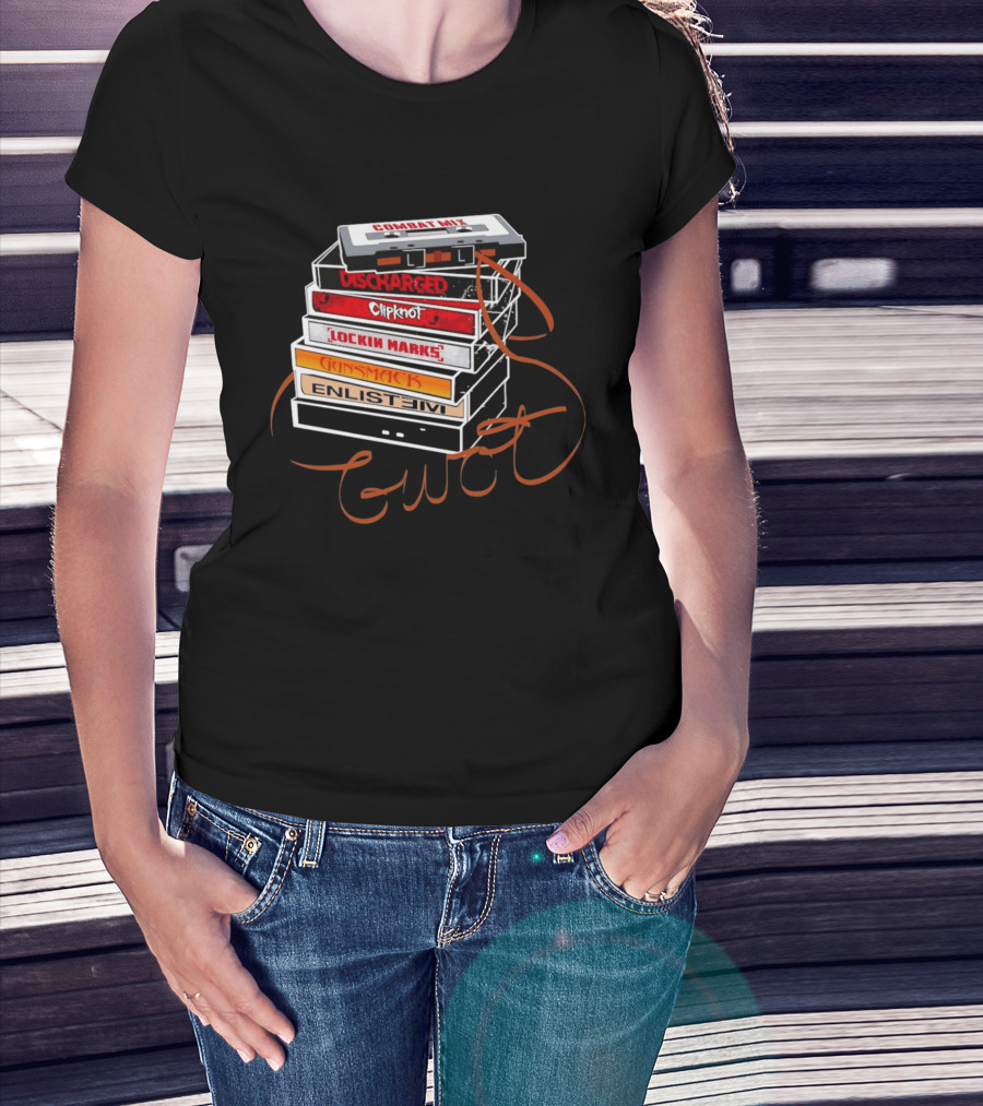 Combat Mix Discharged Clipknot Lockin Marks Gunsmack Enlist GWOT 3 Tours Down Music Cassette Stack T-Shirt