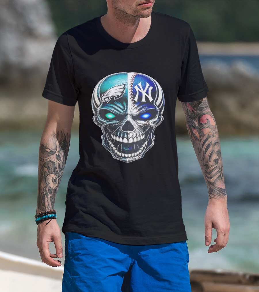 Philadelphia Eagles New York Yankees Skull Glow Eyes T-Shirt