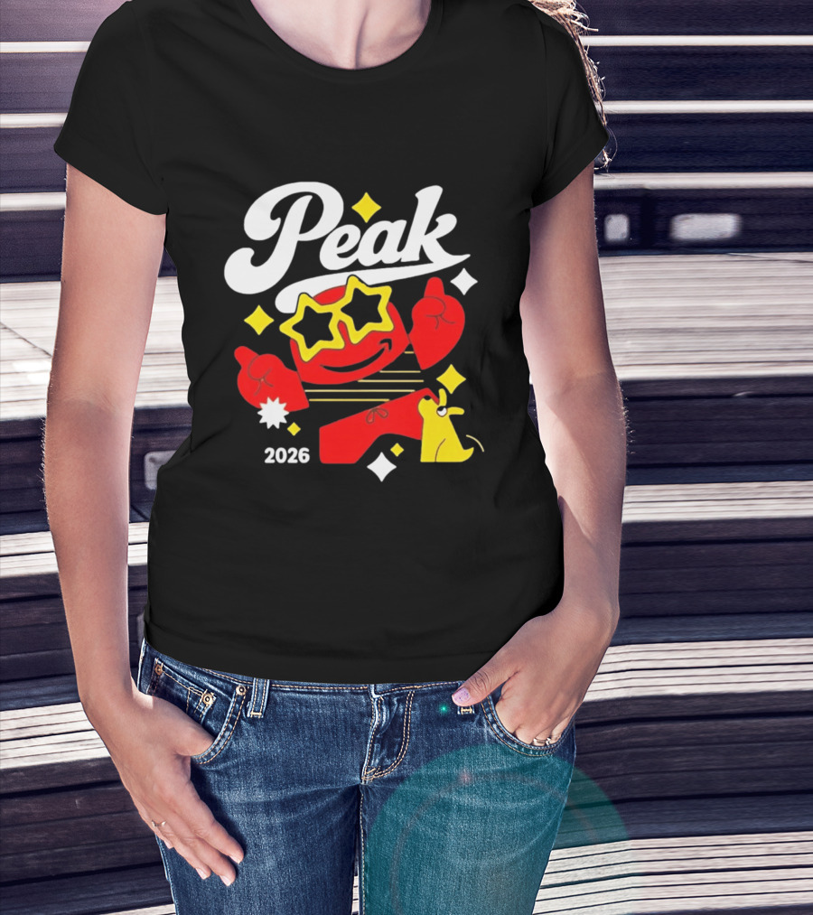 Peak 2026 Red Character With Star Glasses And Yellow Dog T-Shirt