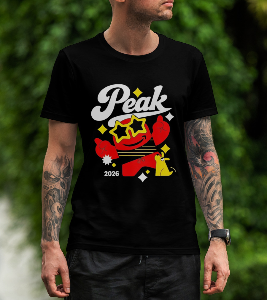 Peak 2026 Red Character With Star Glasses And Yellow Dog T-Shirt