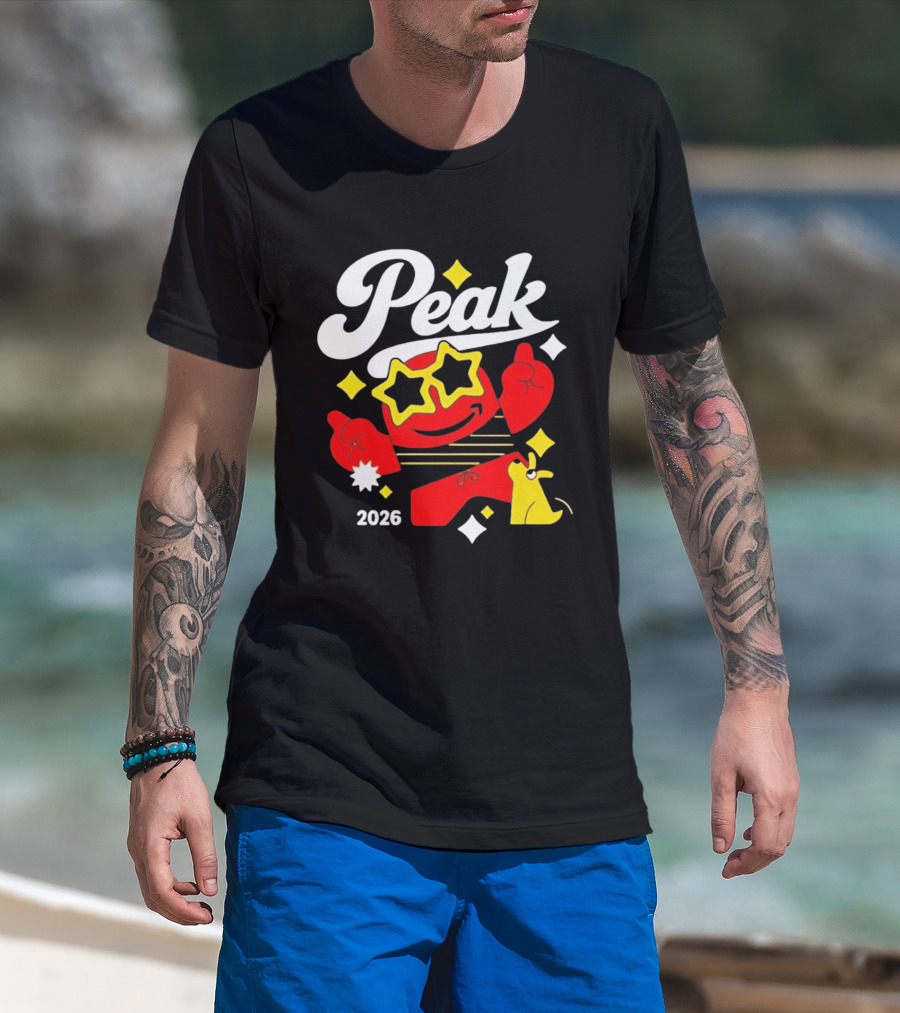Peak 2026 Red Character With Star Glasses And Yellow Dog T-Shirt