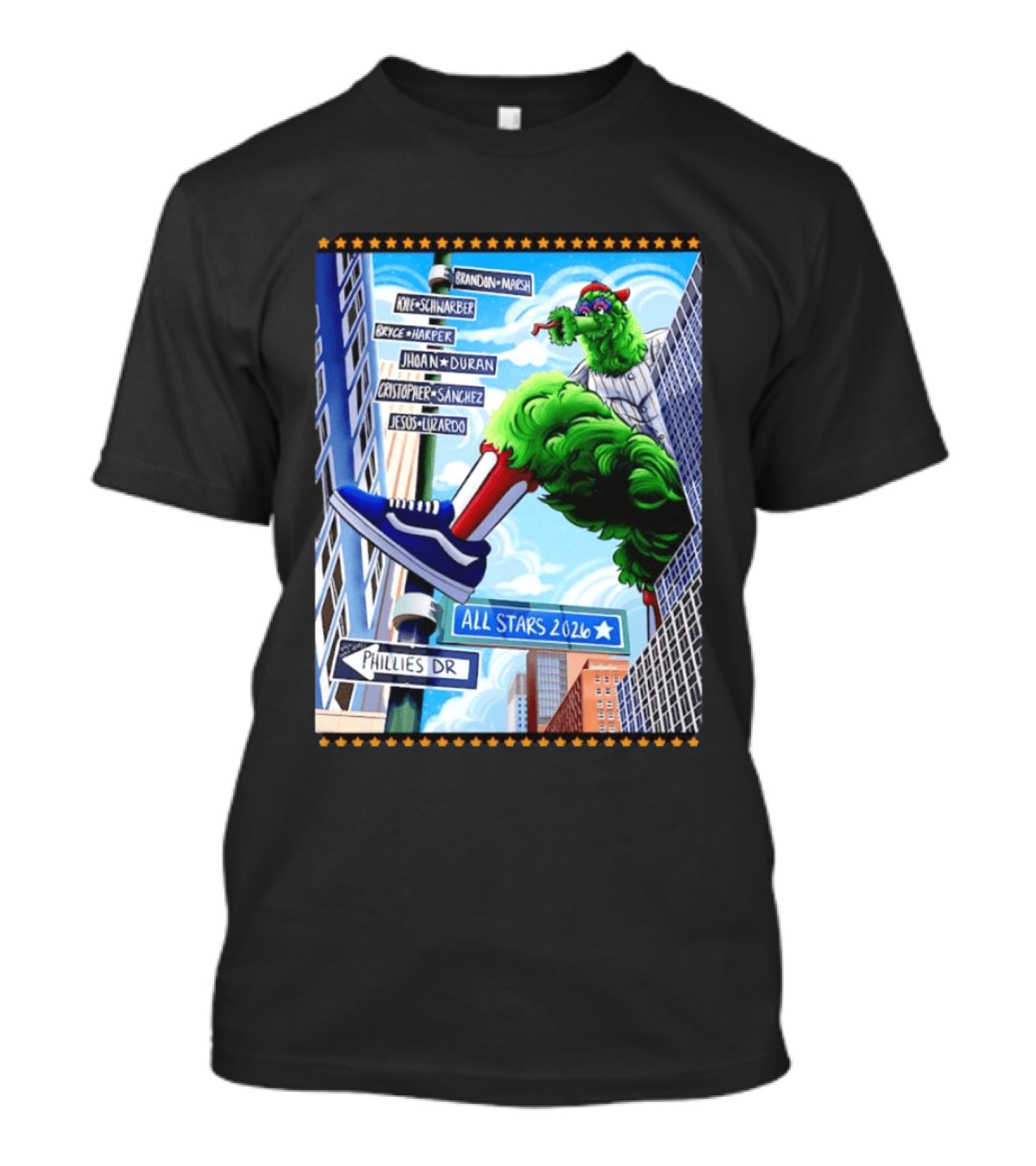 Phillies Dr Phillie Phanatic Brandon Marsh Kyle Schwarber Bryce Harper Johan Duran Christopher Sanchez Jesus Luzardo All Stars 2026 T-Shirt