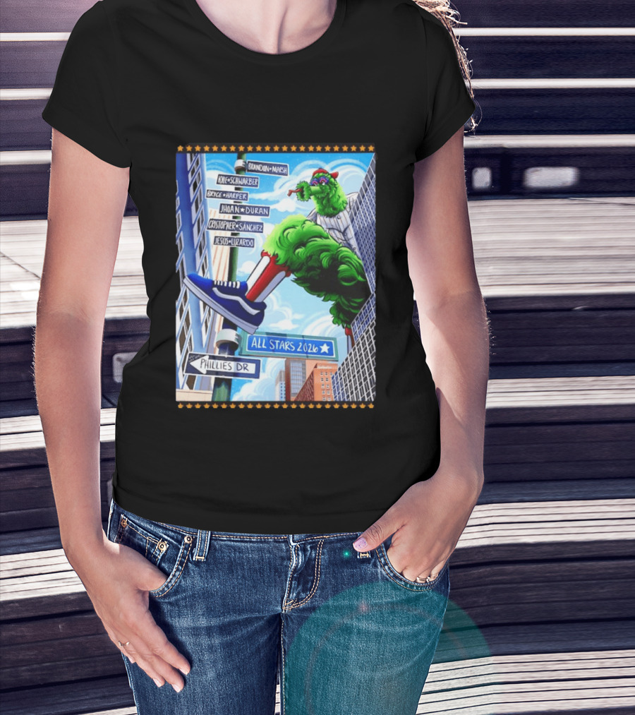 Phillies Dr Phillie Phanatic Brandon Marsh Kyle Schwarber Bryce Harper Johan Duran Christopher Sanchez Jesus Luzardo All Stars 2026 T-Shirt