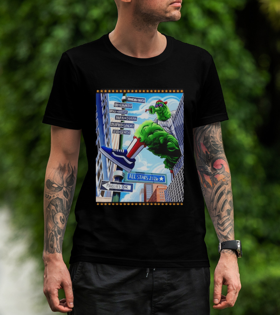 Phillies Dr Phillie Phanatic Brandon Marsh Kyle Schwarber Bryce Harper Johan Duran Christopher Sanchez Jesus Luzardo All Stars 2026 T-Shirt