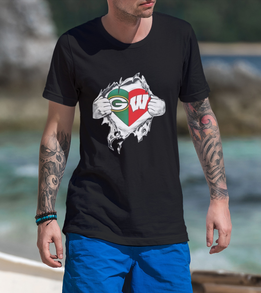 Green Bay Packers Wisconsin Badgers Torn Chest Reveal Heart T-Shirt