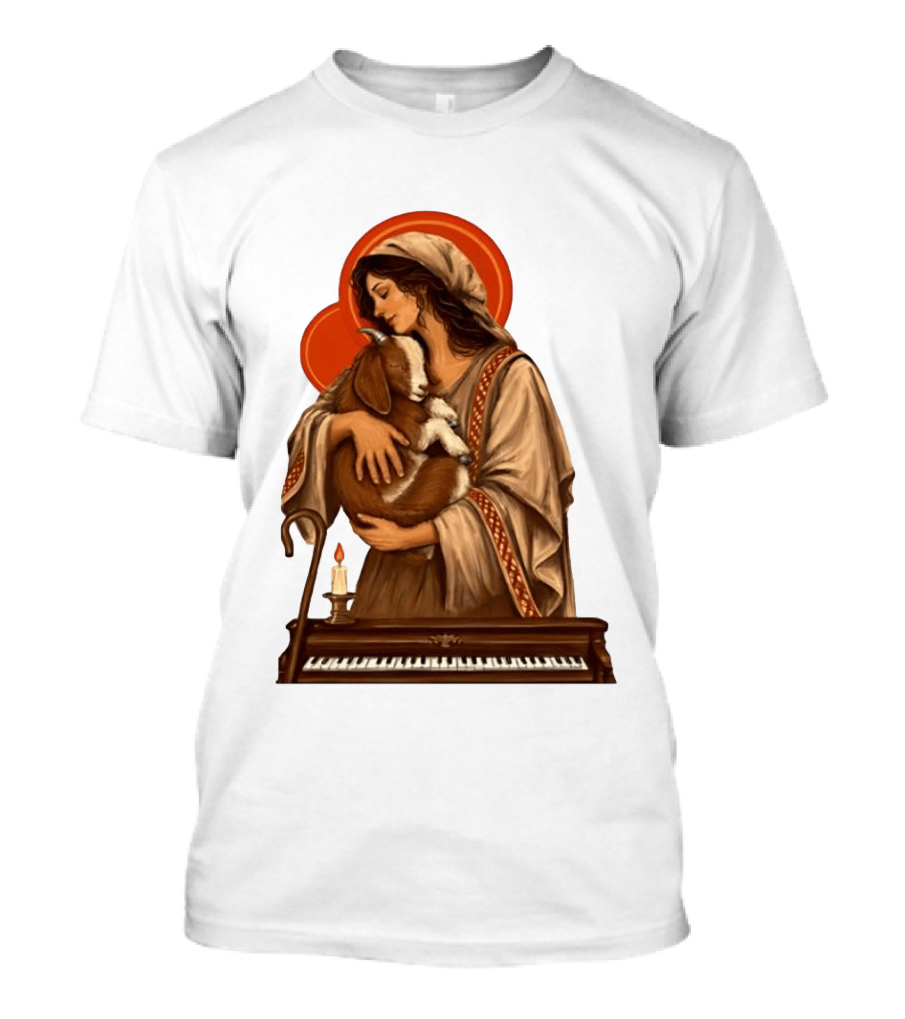 Woman Embracing Goat With Candle And Piano Halo T-Shirt