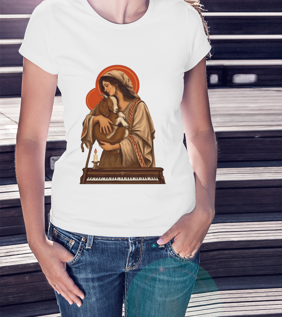 Woman Embracing Goat With Candle And Piano Halo T-Shirt